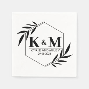 Serviette En Papier monogramme élégant mariage noir et blanc