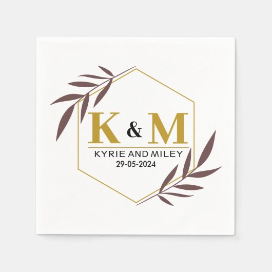 Serviette En Papier monogramme élégant mariage or (Devant)