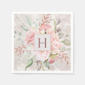 Serviette En Papier Monogramme Elégant rose Peony Floral Marbre (Devant)