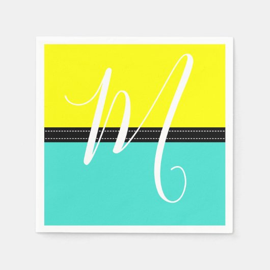 Serviette En Papier Monogramme Elegant Turquoise & Jaune Couleur Solid (Devant)