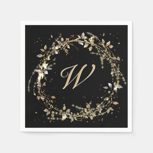 Serviette En Papier Monogramme En Wirlande Dorée Sur Noir (Devant)
