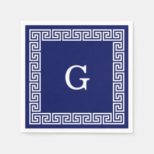 Serviette En Papier Monogramme encadré clé grecque blanc bleu marine #
