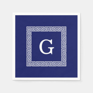 Serviette En Papier Monogramme encadré clé grecque blanche bleu marine
