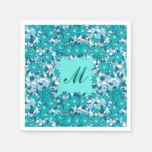 Serviette En Papier Monogramme encadré de fleurs - bleu et blanc