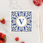 Serviette En Papier Monogramme Espagnol Fleur Bleu Citrons Jaunes (En situation)