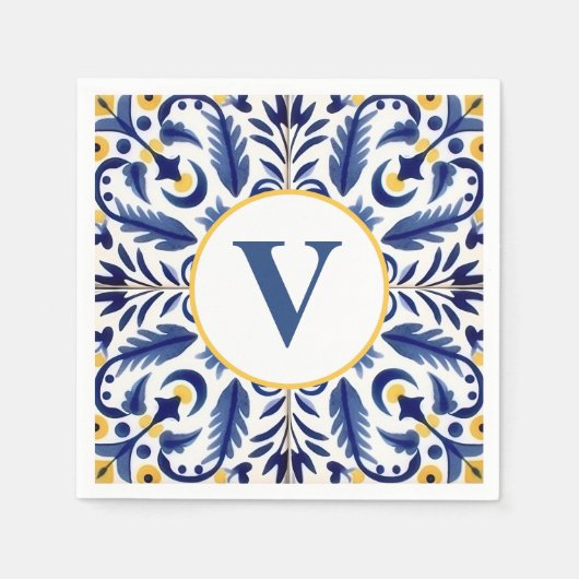 Serviette En Papier Monogramme Espagnol Fleur Bleu Citrons Jaunes (Devant)