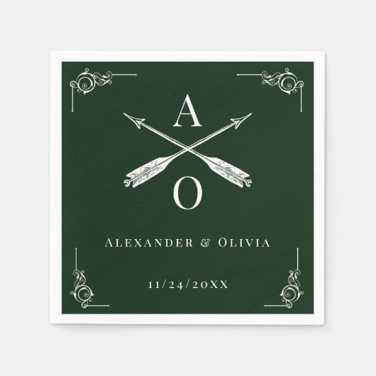 Serviette En Papier Monogramme et Mariage des flèches Emerald Green (Devant)