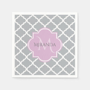 Serviette En Papier Monogramme et nom de la lavande de Quatrefoil gris