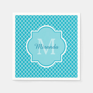 Serviette En Papier Monogramme et nom de Quatrefoil bleu turquoise cla