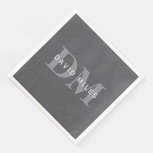 Serviette En Papier Monogramme et nom gris foncé moderne (Coin)