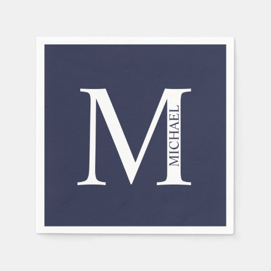 Serviette En Papier Monogramme et nom personnalisés bleu marine (Devant)