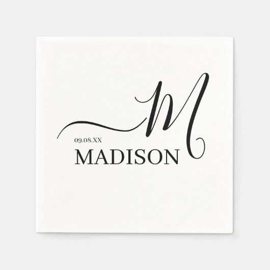 Serviette En Papier Monogramme et nom personnalisés noir et blanc (Devant)