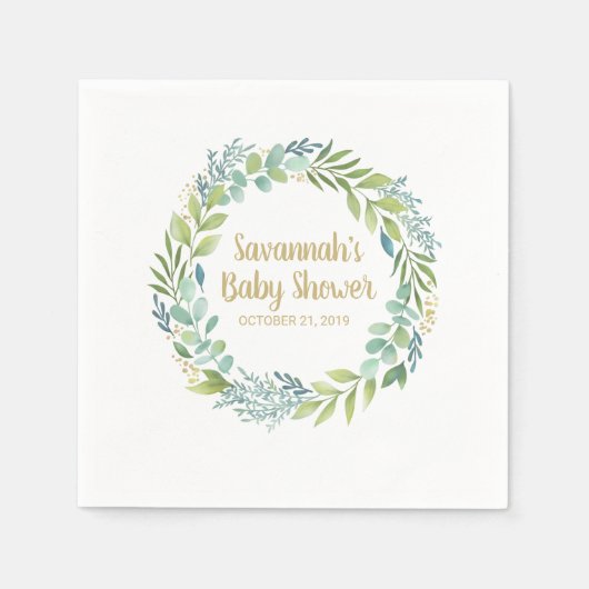 Serviette En Papier Monogramme Eucalyptus Baby shower de couronne vert (Devant)