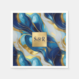 Serviette En Papier Monogramme Faux Mariage marbré or, bleu et blanc