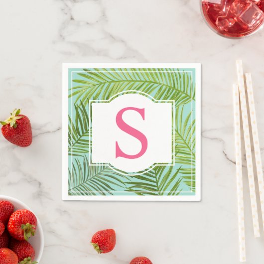 Serviette En Papier Monogramme Feuille Tropical Rose Aqua Green Palm (En situation)