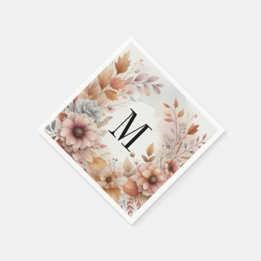 Serviette En Papier Monogramme Feuilles de automne et fleurs aquarelle (Coin)