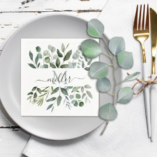 Serviette En Papier Monogramme feuilles de verdure d'eucalyptus vert s