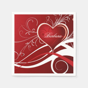 Serviette En Papier Monogramme Fille Rouge & Blanc Coeur Et Flore