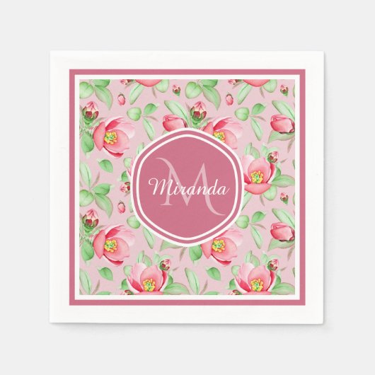 Serviette En Papier Monogramme Fleur de Pommier Rose (Devant)
