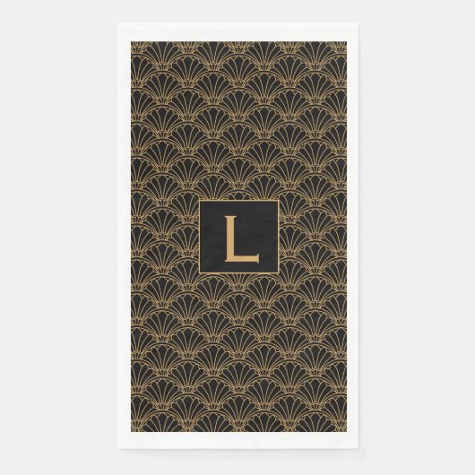 Serviette En Papier Monogramme Fleurs de ventilateur Art Déco Noir et (Devant)