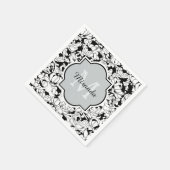 Serviette En Papier Monogramme Floral Blanc Noir Moderne Avec Nom (Coin)