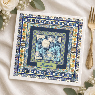 Serviette En Papier Monogramme Floral Chinois Bleu Blanc Élégant