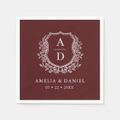 Serviette En Papier Monogramme Floral Crest Bordeaux Mariage (Devant)