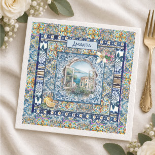 Serviette En Papier monogramme floral italien été carreaux bleus citru
