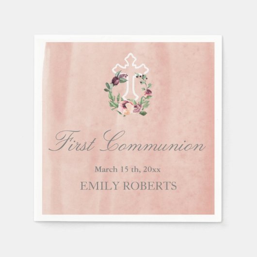 Serviette En Papier monogramme floral marsala brune première communion (Devant)