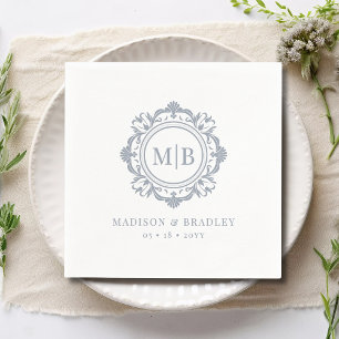 Serviette En Papier Monogramme Floral Orné Mariage Élégant Argent
