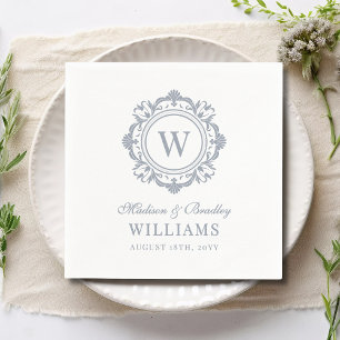 Serviette En Papier Monogramme Floral Orné Mariage Élégant Argent