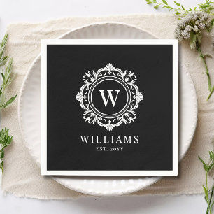 Serviette En Papier Monogramme Floral Orné Mariage Élégant Noir