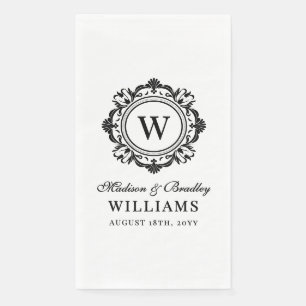 Serviette En Papier Monogramme Floral Orné Mariage Élégant noir blanc