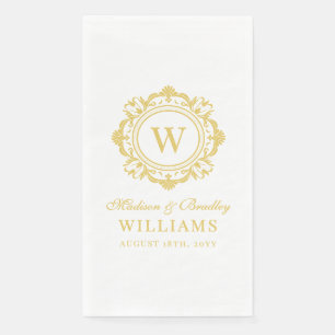 Serviette En Papier Monogramme Floral Orné Mariage Élégant Or