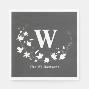 Serviette En Papier Monogramme Floral Personnalisé Nom de Famille Gris