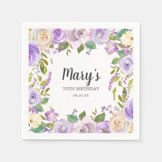 Serviette En Papier Monogramme floral pourpre 70e anniversaire (Devant)