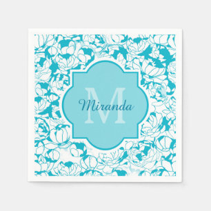 Serviette En Papier Monogramme Floral Turquoise Moderne Avec Nom