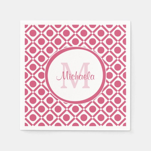 Serviette En Papier Monogramme géométrique moderne rose et blanc avec  (Devant)