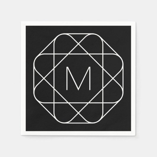 Serviette En Papier Monogramme géométrique noir et blanc (Devant)