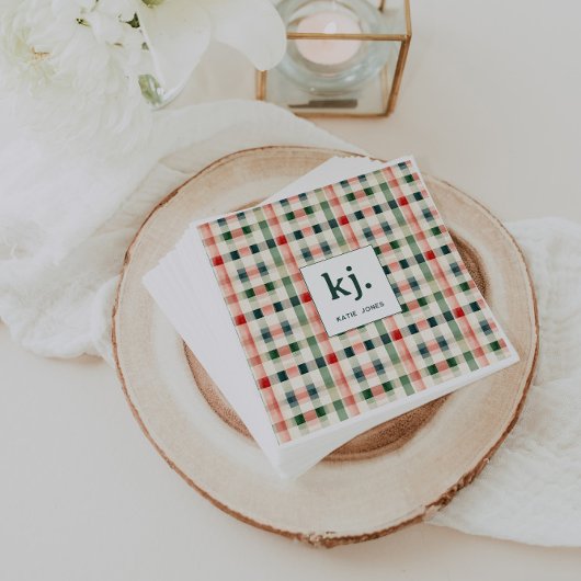Serviette En Papier Monogramme Gingham Émeraude Doux