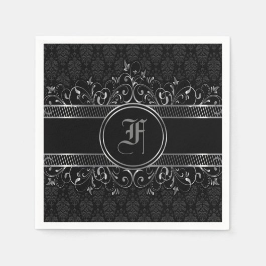 Serviette En Papier Monogramme gothique orné noir et argent (Devant)