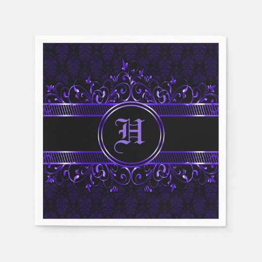 Serviette En Papier Monogramme gothique orné noir et pourpre (Devant)