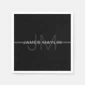 Serviette En Papier Monogramme gris foncé, nom et bande géométrique (Devant)