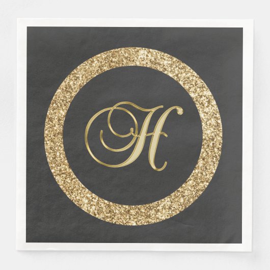 Serviette En Papier Monogramme H, élégant script doré (Devant)