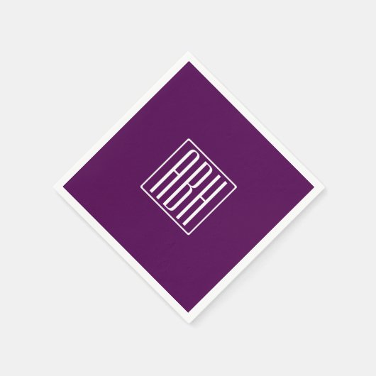 Serviette En Papier Monogramme initial | Blanc Sur Violet Profond (Coin)