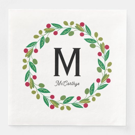 Serviette En Papier Monogramme initial - couronne de Noël (Devant)