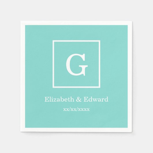 Serviette En Papier Monogramme initial encadré par blanc de turquoise (Devant)