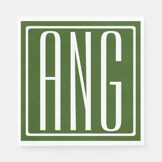 Serviette En Papier Monogramme initiales 3 gras moderne | Vert forêt (Devant)