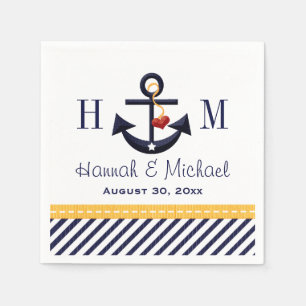 Serviette En Papier Monogramme Jaune et Ancre marine Mariage nautique