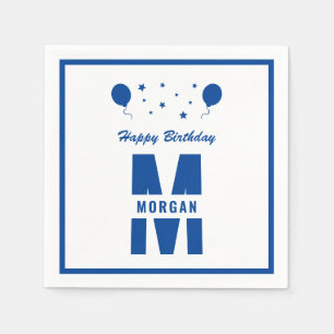 Serviette En Papier Monogramme Joyeux Anniversaire Tout Âge Blanc Bleu